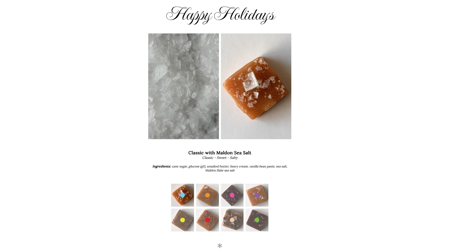 Holiday Caramels website screenshot showing different caramel flavors